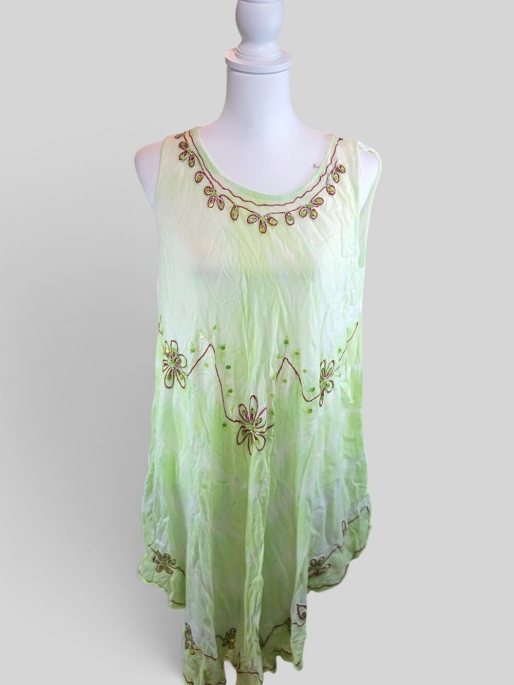 Ace Fashion Green Tie Dye Embroidered Sequin Sleeveless Tank Tunic Dress Free Si